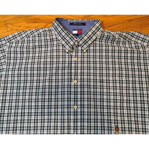 Tommy Hilfiger Shirt Mens XXL Green Plaid Pocket ButtonUp Vintage Lions Crest - Picture 1 of 8